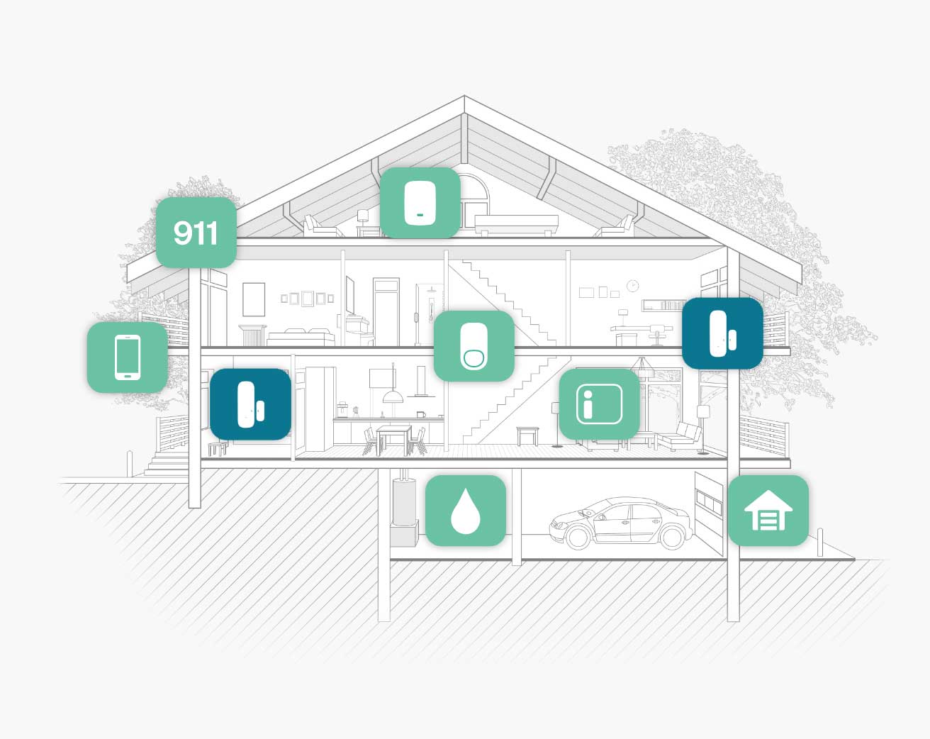 Door and window alarm icon on house diagram.