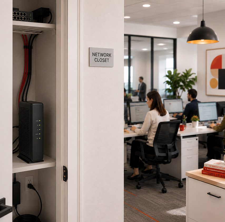 Analog modem in an office network closet next to an open workspace, kept online by Ooma AirDial
