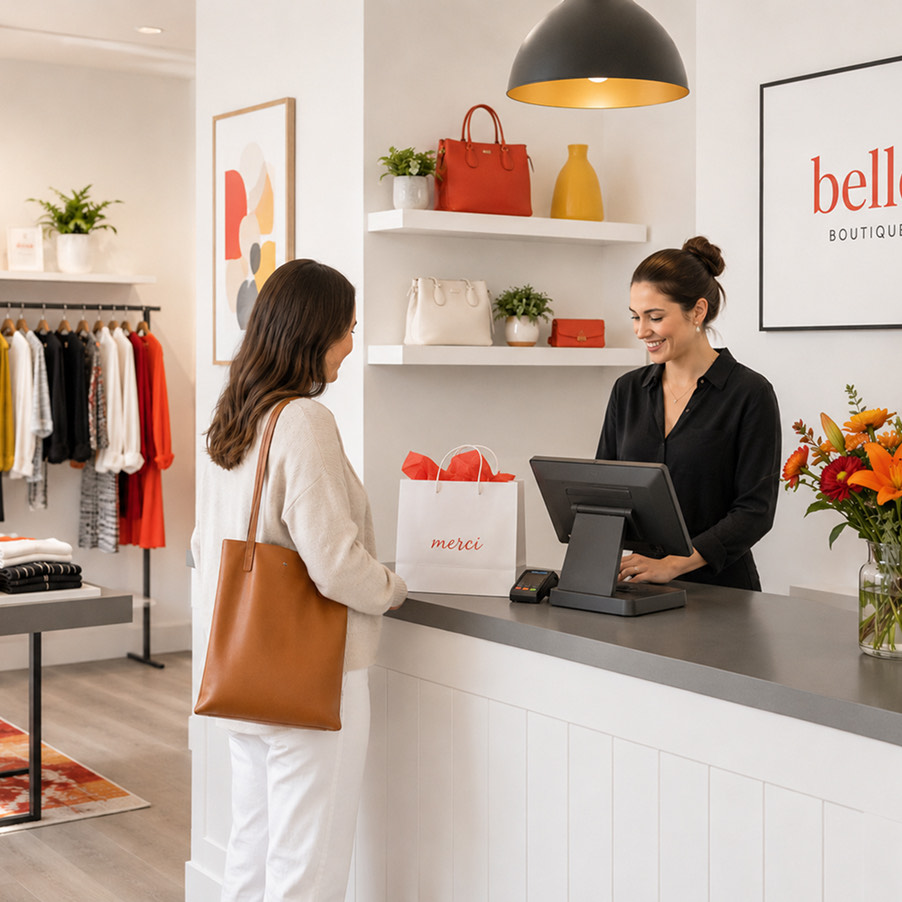 Shopper paying at a boutique point-of-sale counter powered by Ooma AirDial