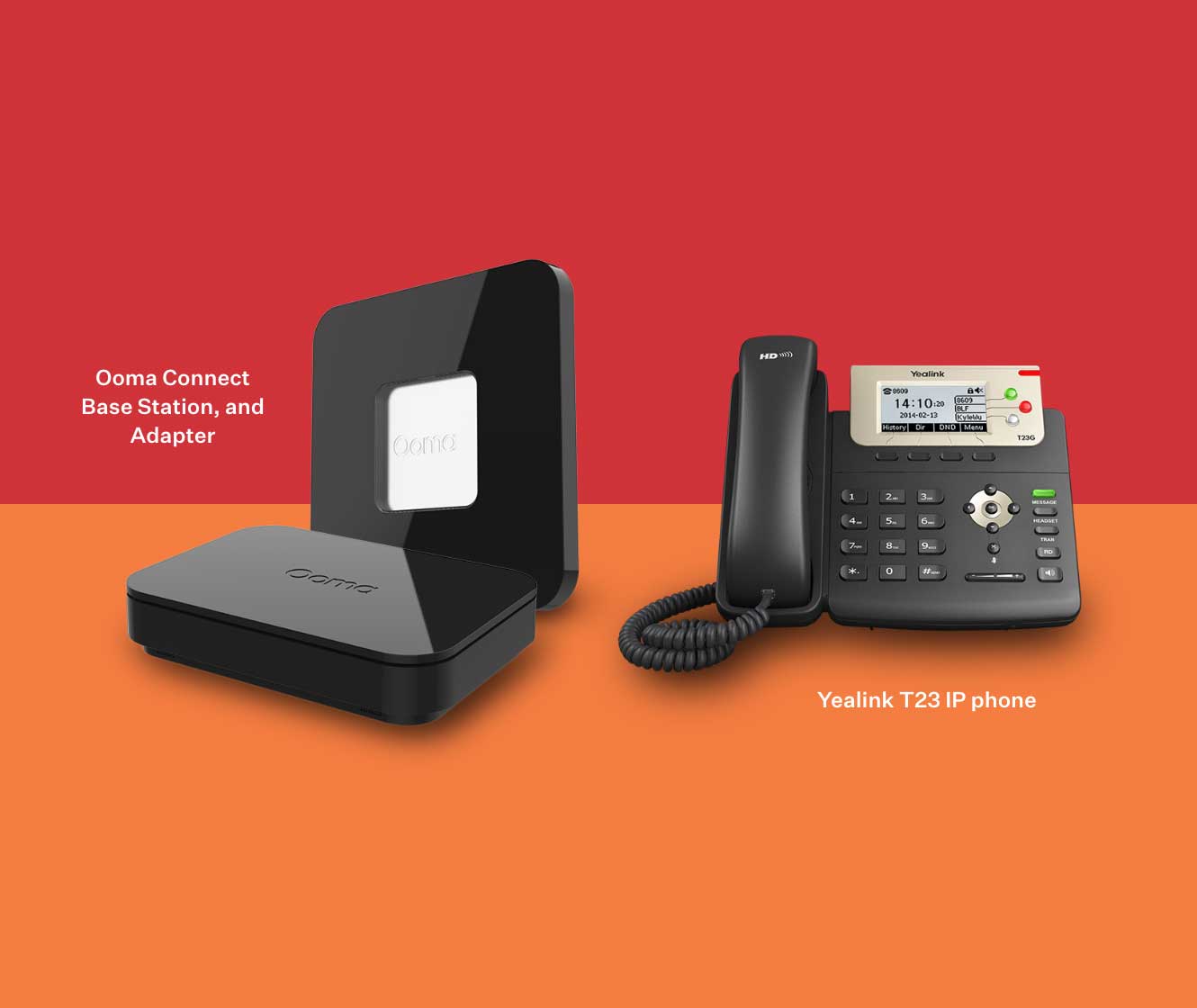 Ooma Connect Base Station and Adapter next to a Yealink T23 IP Phone