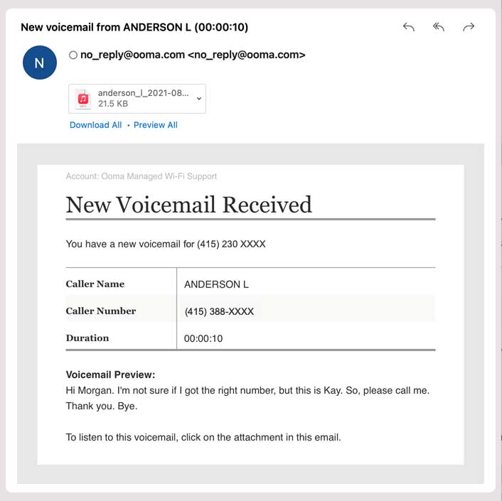 Voicemail transcription screenshot