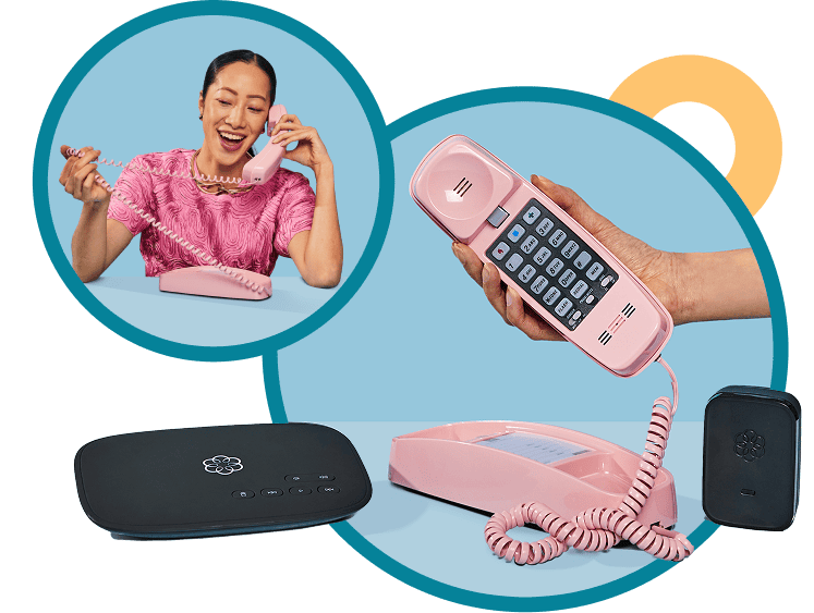 Woman using a pink Ooma retro phone with Ooma Telo home phone system.