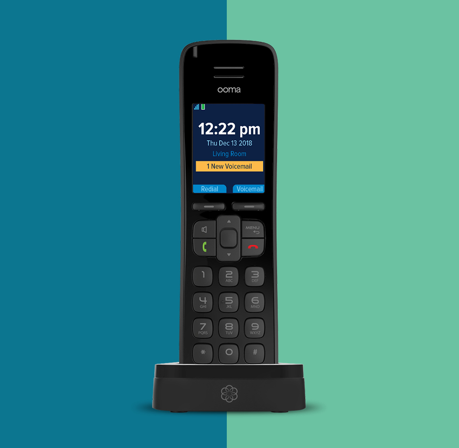 Combiné de téléphonie résidentielle sur fond bleu et vert.