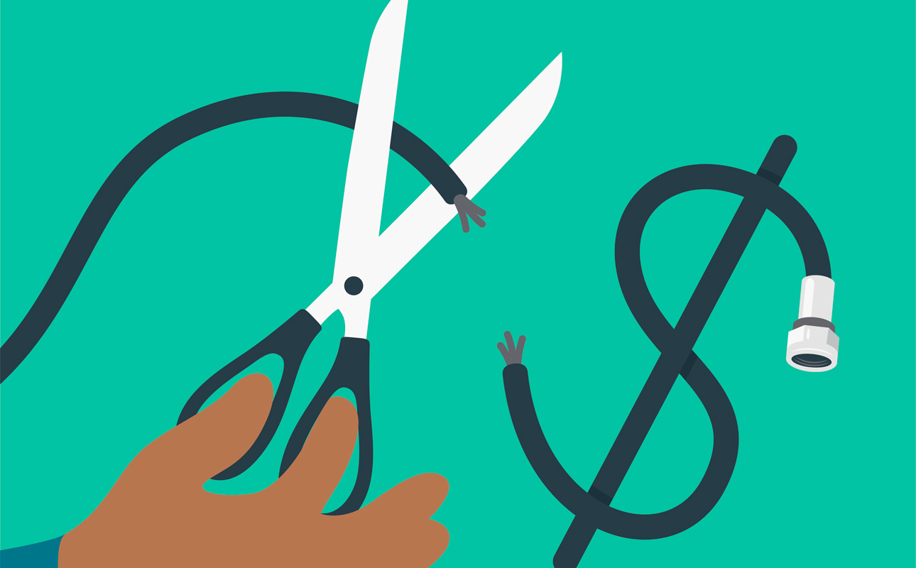 illustration of hand cutting a cord that is shaped like a dollar sign