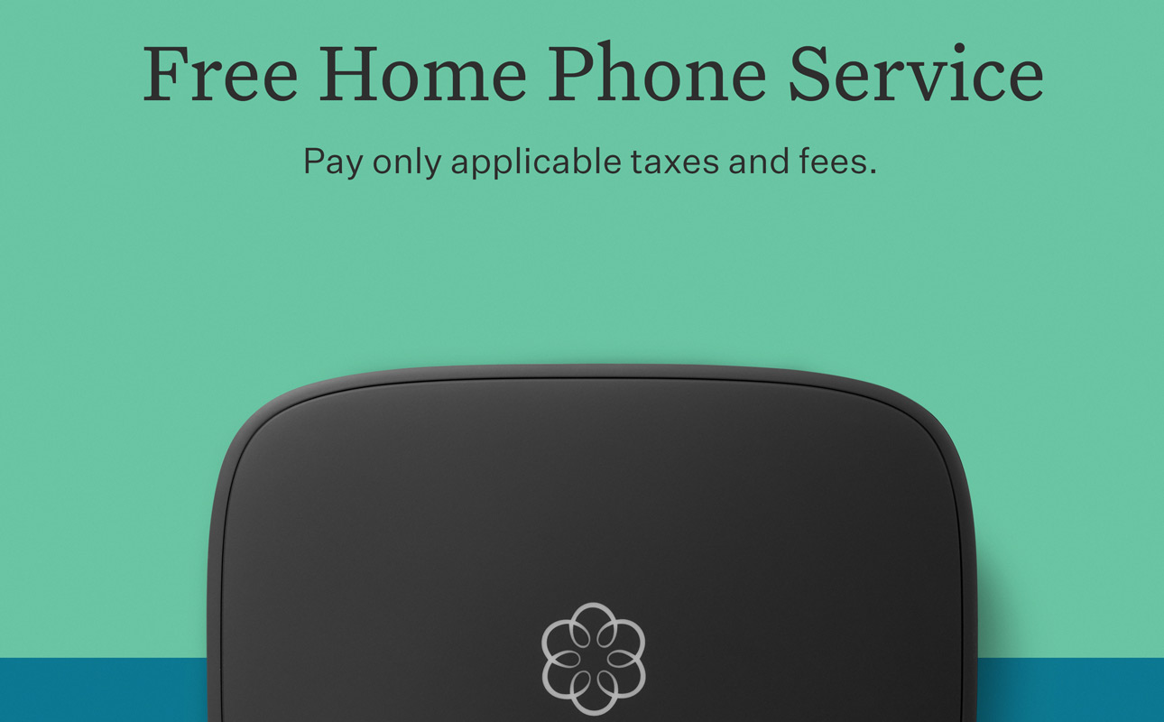Telo base station under heading of Free home phone service, pay only applicable taxes and fees