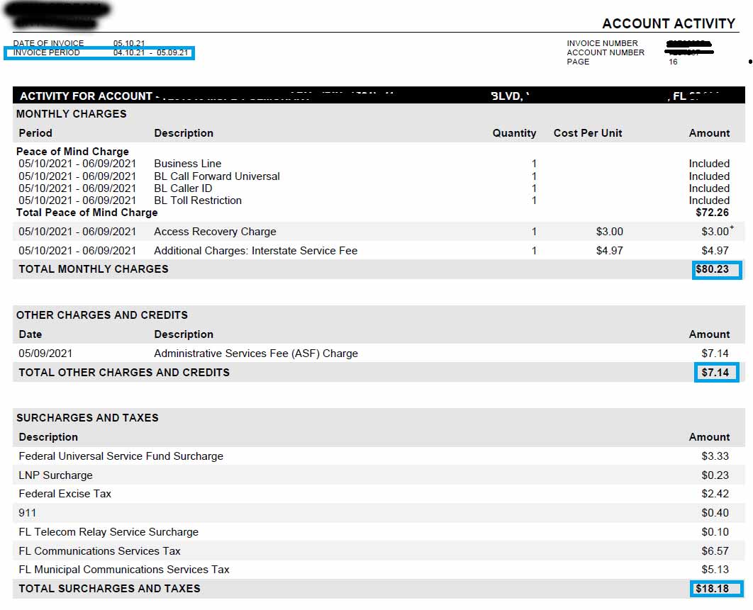 May 2021 bill totaling $105.55.