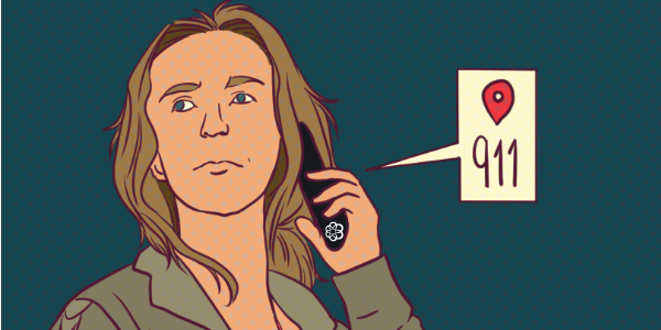 Cartoon of someone who uses an Ooma phone to get 911 help without speaking