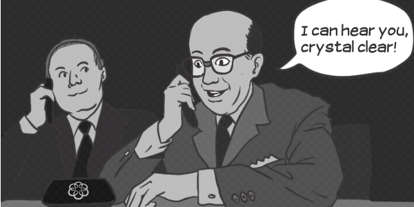 Cartoon of Dr. Stranglove speaking on an Ooma phone to President Merkin Muffley who says I can hear you crystal clear