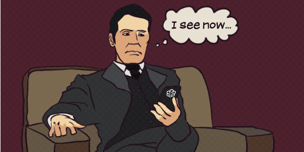 Cartoon of Michael looking at an Ooma phone and thinking I see now