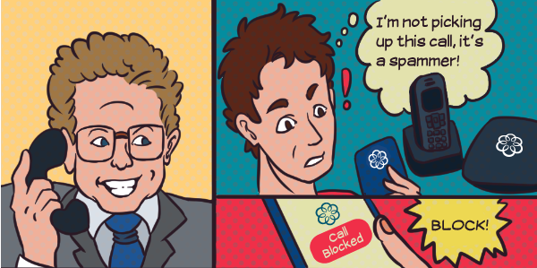 Cartoon of salesman calling a man who uses Ooma’s call blocking feature and thinks I'm not picking up this call, it's a spammer