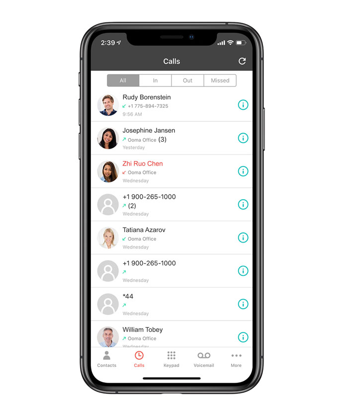 cell phone showing the Ooma Office mobile app's display for business calls