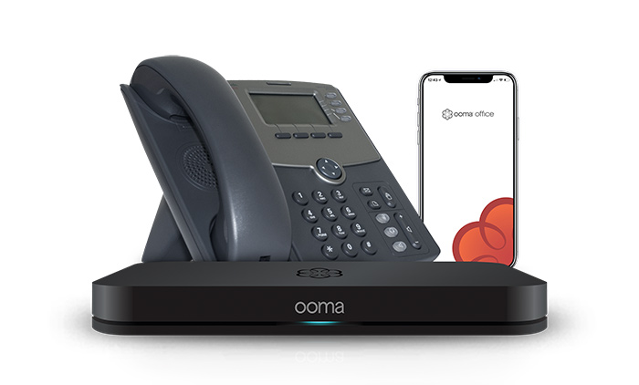 Ooma Office base station, office desk phone and a smartphone displaying the Ooma Office app