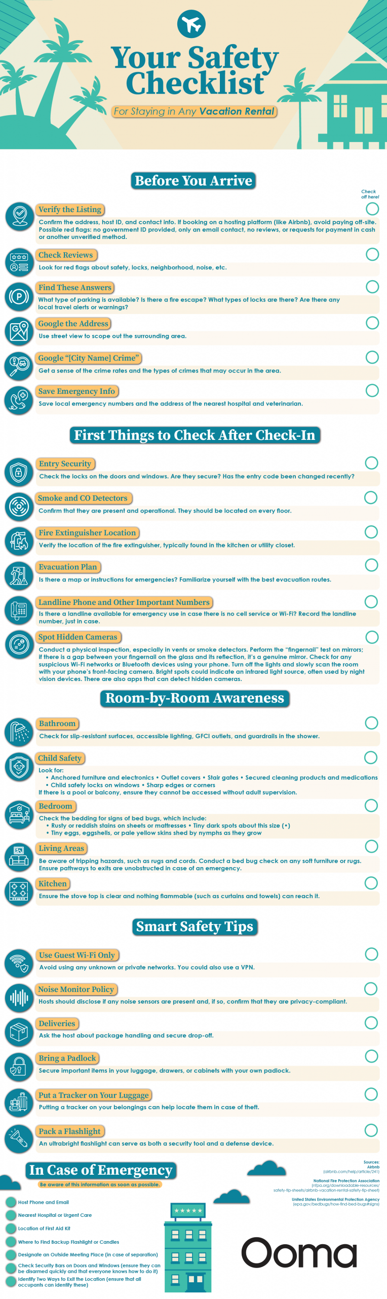 Your Safety Checklist for Staying in Any Vacation Rental - Ooma Home Security System - Infographic
